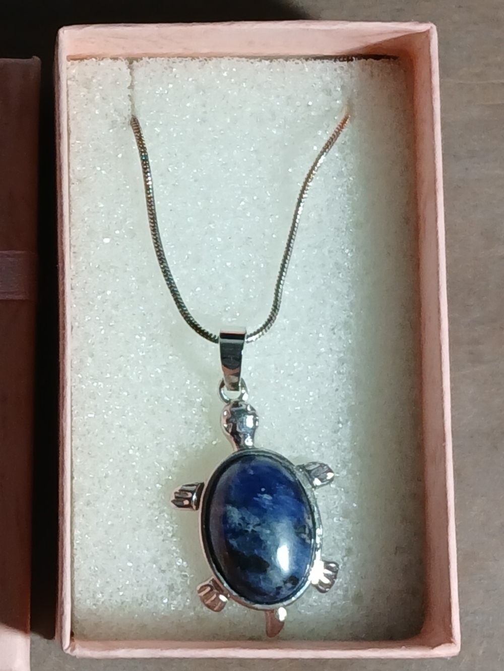 Sterling Silver 925 Blue Sodalite Turtle Pendant Necklace With Box